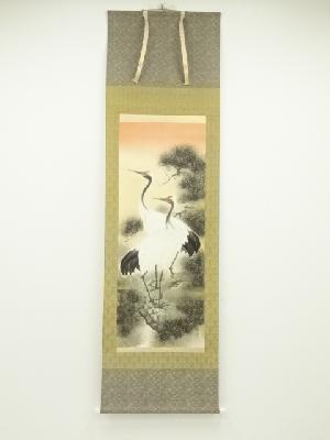 雪堂筆　松上双鶴　肉筆絹本掛軸（共箱）